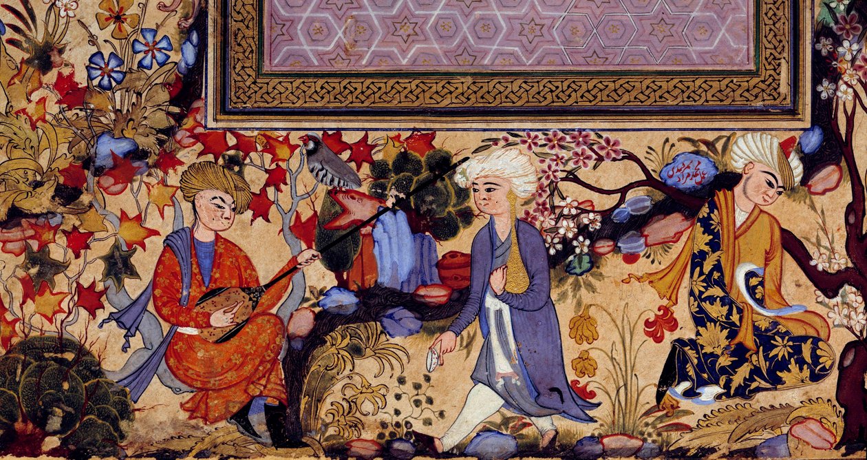 Persialainen miniatyyri, joka edustaa viihdeelämää muusikoiden kanssa. Yksityiskohta 1500-luvun guassista. Pariisi, Louvre-museo tekijältä Persian School