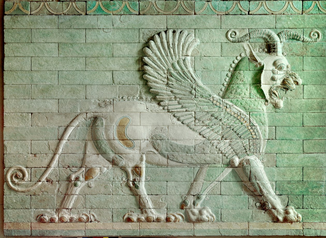 Persialainen rouenide (Iran): matala kohokuvio emaloidussa tiilessä, joka edustaa griffonia. Persian kuninkaan Dareios I:n (550-486 eKr.) palatsista Susaan. 510 eaa. Pariisi, Louvre-museo tekijältä Persian School