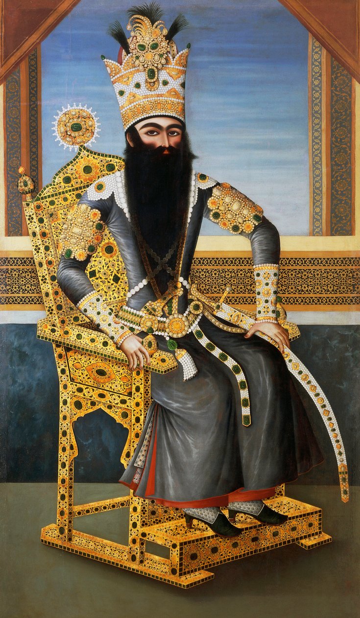 Muotokuva Fath Ali Shahista (1762-1834), n. 1805, Persian kuningas 1797-1834, tuntematon taiteilija, öljy kankaalle tekijältä Persian School
