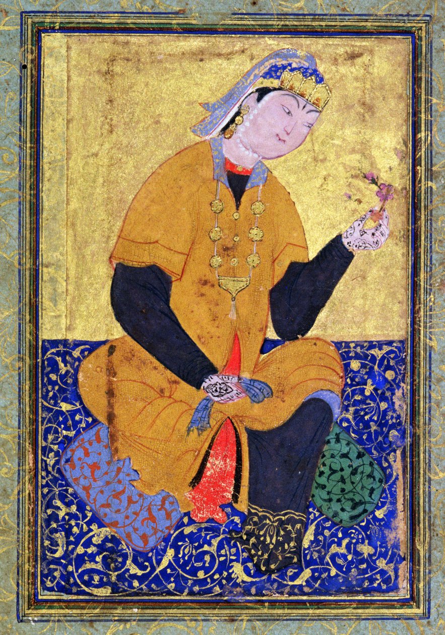Hamida Banu Begumin muotokuva, sinetti kädessään, kuvitettu folio Mir Alin antologiasta, 1550, tekijältä Persian School