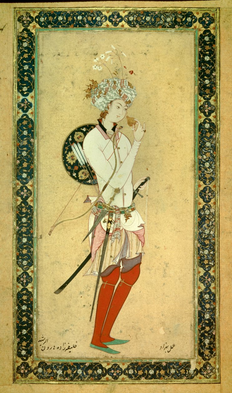 Haroun al-Rashidin (Harun al-Rashid tai al-Rashid (al-Rashid) tai ar Rashid (ar-Rashid) tai el Rashid (el-Rashid) tai el Rashid (el-Rashid) tai al-Rashid (al-Rashid) muotokuva , Abassid Caliph (766? 809) Persialainen miniatyyri tekijältä Persian School