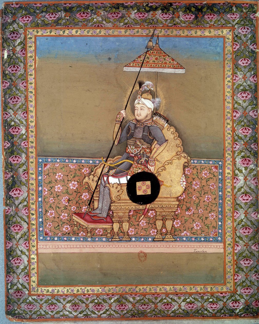 Mongolian päällikön Tamerlanin (1336-1405) muotokuva (tai Timur Lang, "Timur rampa"). Persialainen miniatyyri 1400-luvulta. Paris, B.N. tekijältä Persian School