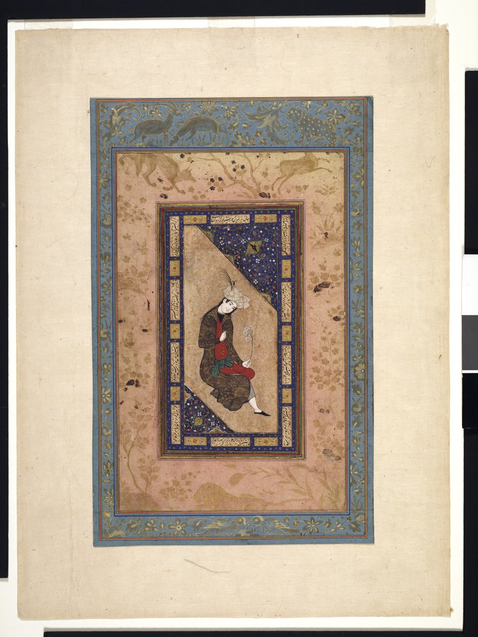 Safavid-prinssin muotokuva, n. 1590-1630 tai uudempi (läpinäkymätön akvarelli ja kulta paperille) tekijältä Persian School