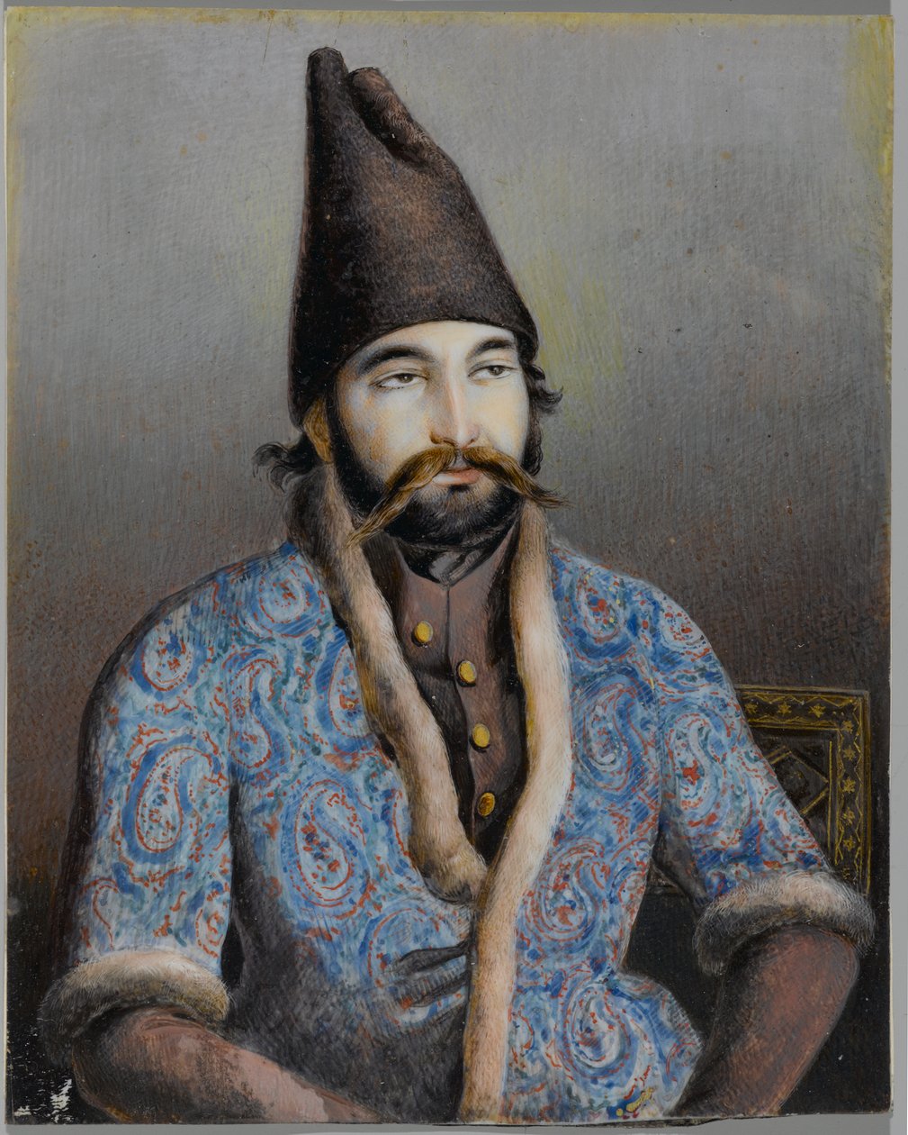 Aatelisen tai kuninkaallisen hahmon muotokuva, mahdollisesti Muhammad Shah Qajar (muste ja läpinäkymätön wc norsunluun tai simpukan päällä) tekijältä Persian School