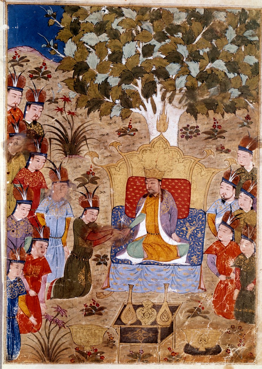 Tšaghtai-kaanin (1227-1242) edustaja hänen valtaistuimellaan, hän on Tšingis-kaanin poika ratsain. Persialainen miniatyyri otettu Jami al-Tawarikhista" (Jami al tawarikh) tai ""Universaalista historiasta"", historioitsija Rashid al-din (al din) (1247-1318) tekijältä Persian School