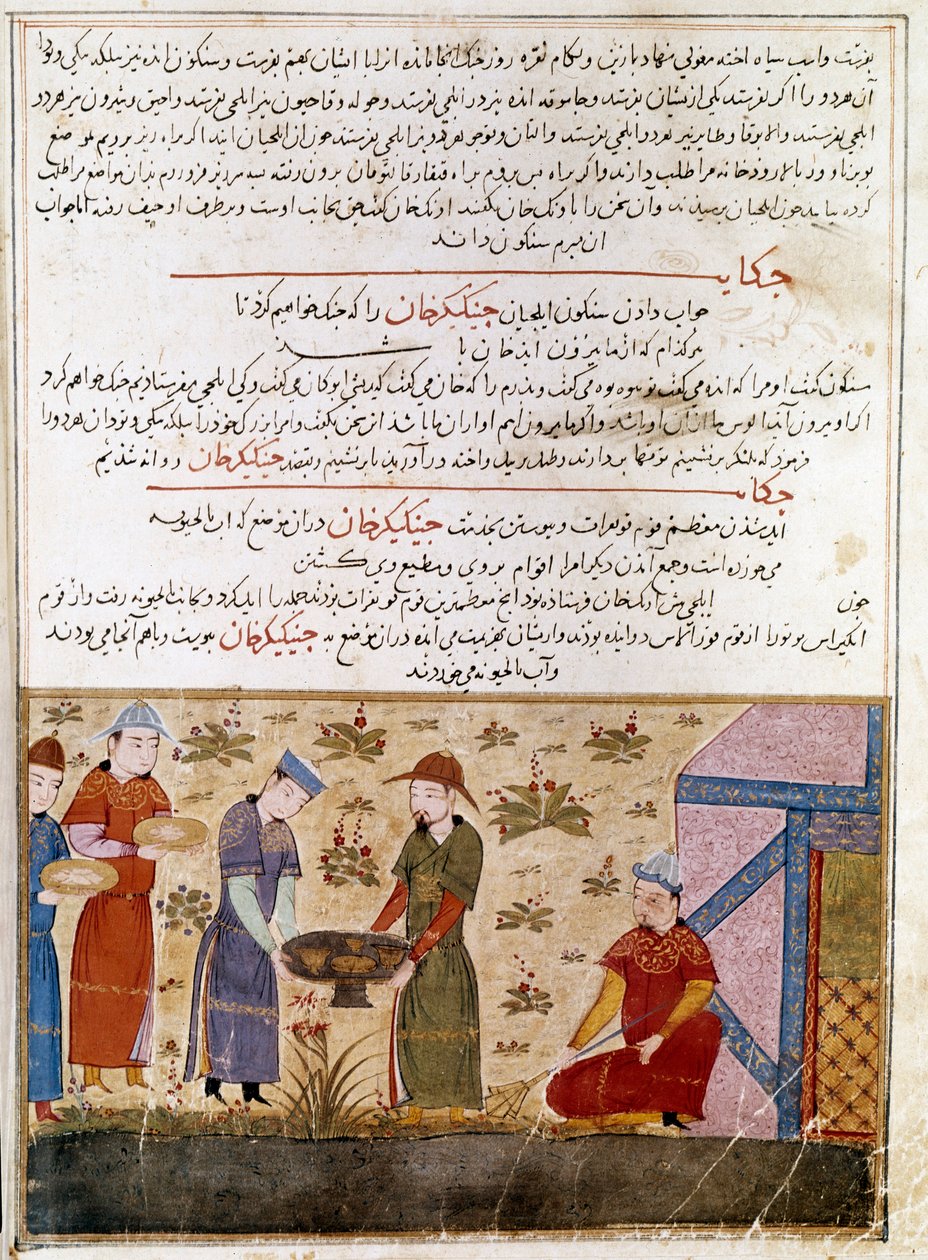 Edustus Tšingis-kaanista (1162-1227), joka tekee liittoutumia. Persialainen miniatyyri, joka on otettu historioitsija Rashid al-dinin (al din) (1247-1318) sanasta "" Jami al-tawarikh "" (Jami al tawarikh) tai "" universaalista historiasta"" Noin 1430. Pari tekijältä Persian School