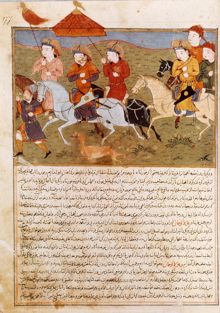 Edustus Houlagou Khanista, Tšingis-khanin pojanpojasta. Historioitsija Rashid al-din (al din) (1247-1318) (1247-1318) Jami al-Tawarikhista otettu persialainen miniatyyri" (Jami al tawarikh) tai "Universaali historia" Noin 1430. Paris, B.N. tekijältä Persian School