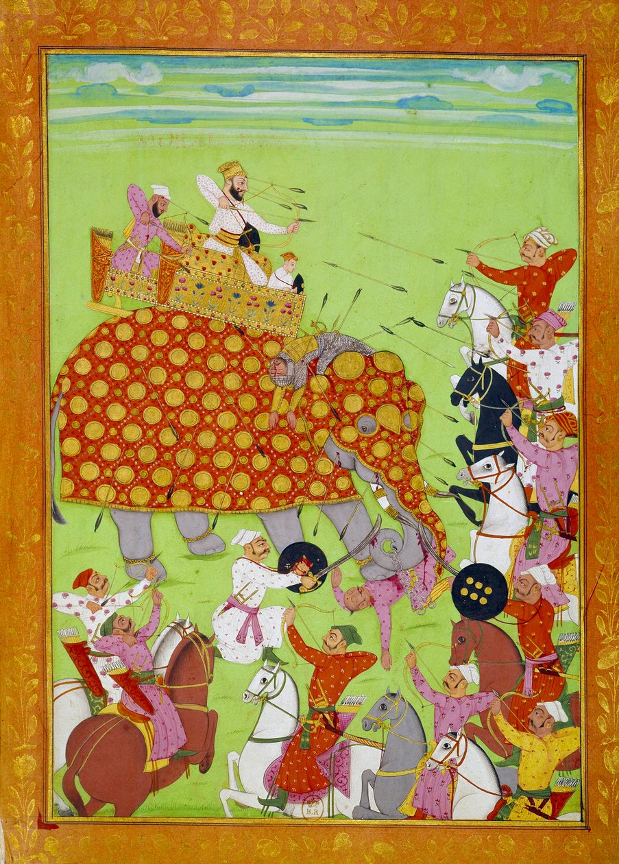 Edustus Murad (Mourad) Bakshista (1624-1661), Mughal-keisari Shah Jehanin (tai Shah Jehan, Shahjehan) pojasta taistelemassa norsun selässä. Persialainen miniatyyri 1600-luvun Pariisista, B.N. tekijältä Persian School