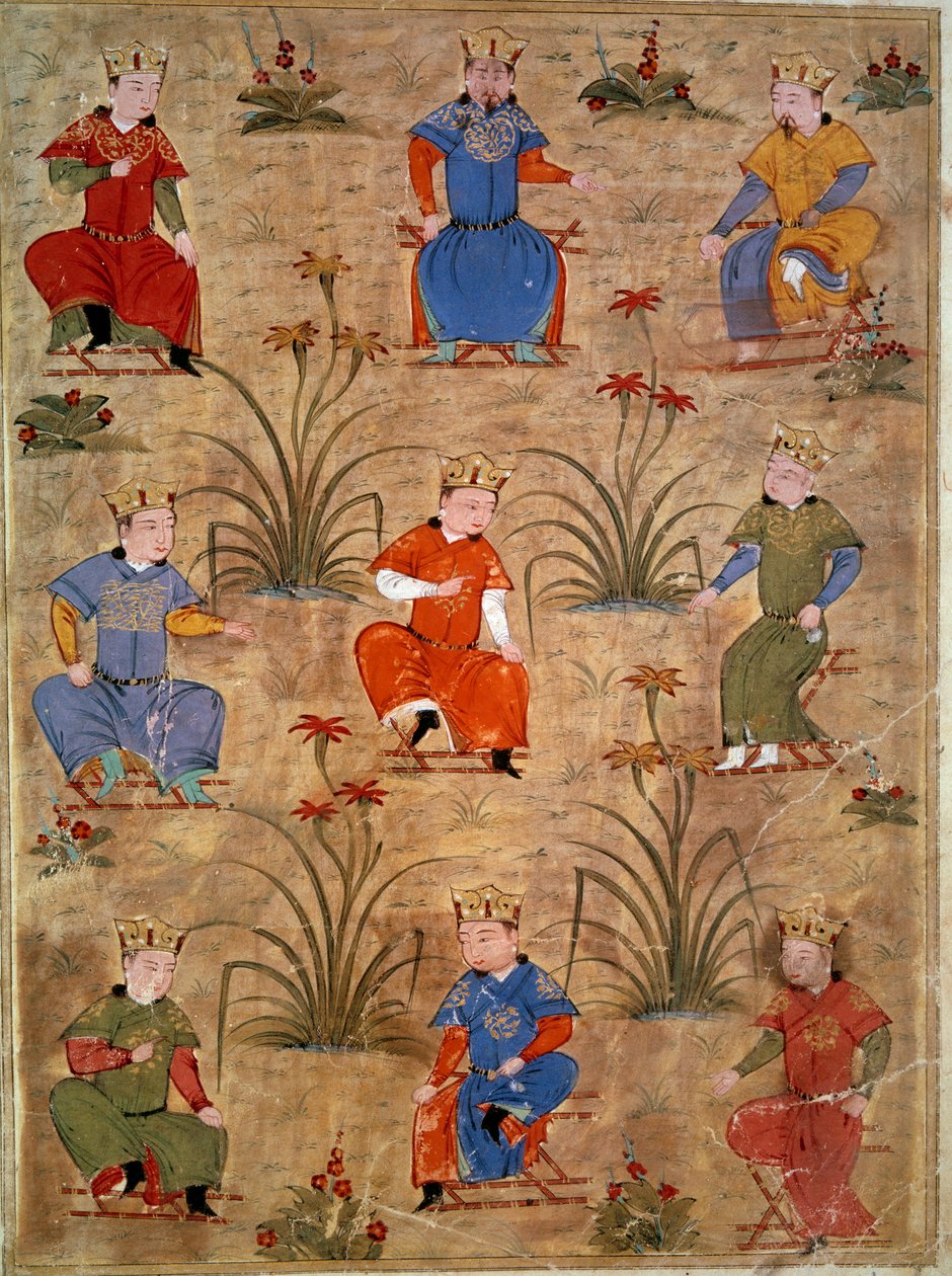 Esitys Tšingis-kaanin persialaisen miniatyyrin veljenpoikista, jotka on otettu historioitsija Rashid al-dinin (al din) (1247-1318) "Jami al-tawarikhista" (Jami al-tawarikh) tai "Maailman historiasta" (1247-1318) Noin 1430. Paris, B.N. tekijältä Persian School