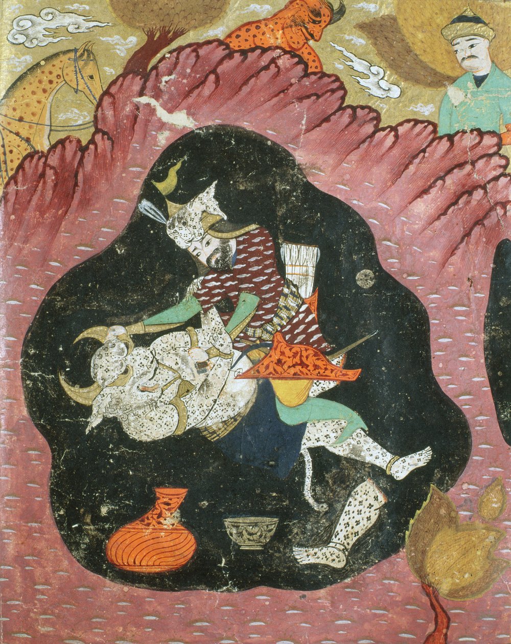 Rostam tappaa valkoisen demonin luolassa, kuvitus Shahnamasta (Kuninkaiden kirja), kirjoittanut Abul-Qasim Manur Firdawsi (n.934-n.1020) 1615 tekijältä Persian School