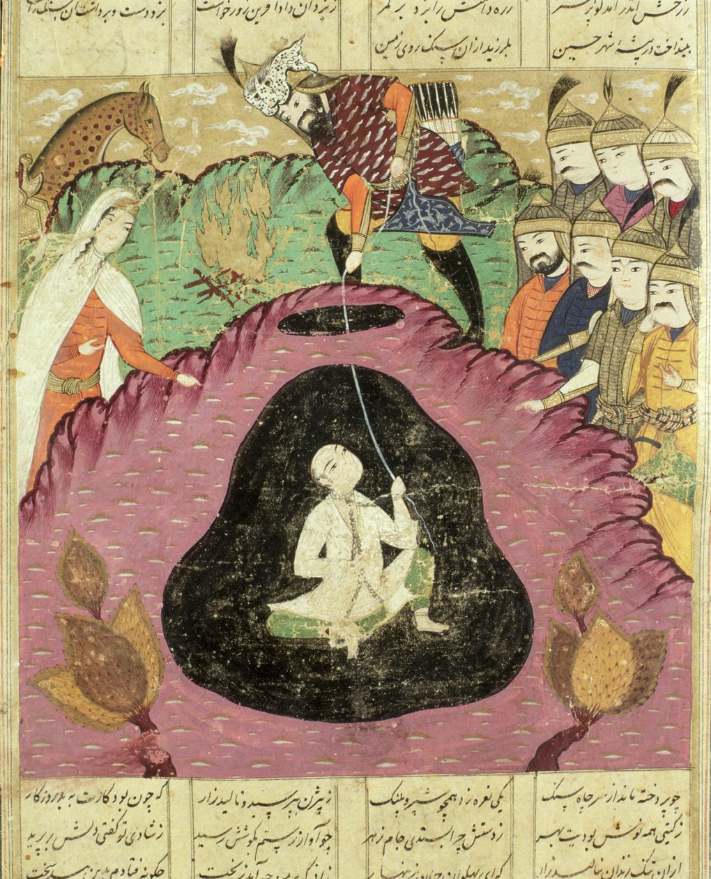Rostam vetää Bijanin luolasta, kuvitus Shahnamasta (Kuninkaiden kirja), kirjoittanut Abul-Qasim Manur Firdawsi (n. 934-n. 1020) 1619 tekijältä Persian School