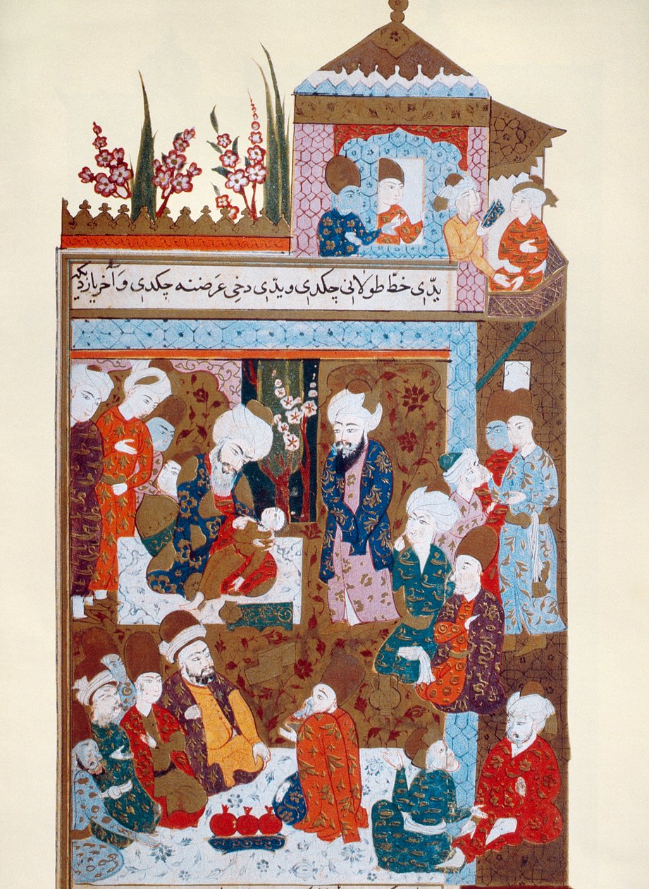 Rumi parantamassa vanhempaa poikaansa Arifia 1500-luvun lopulla tekijältä Persian School