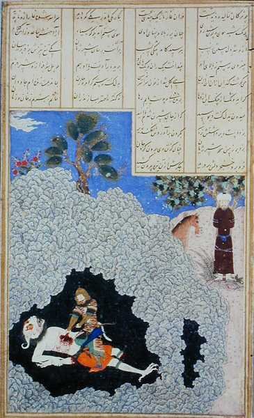 Rustam irrottaa valkoisen demonin maksan, kuvitus "Shahnamasta" (Kuninkaiden kirja), kirjoittanut Abu