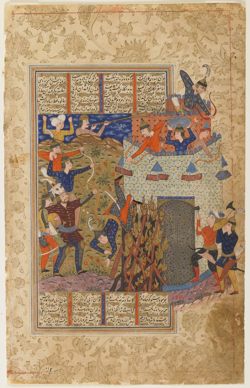 Rustam ja hänen miehensä hyökkäävät Gang Dizhin linnoitukseen Shahnamasta tekijältä Persian School