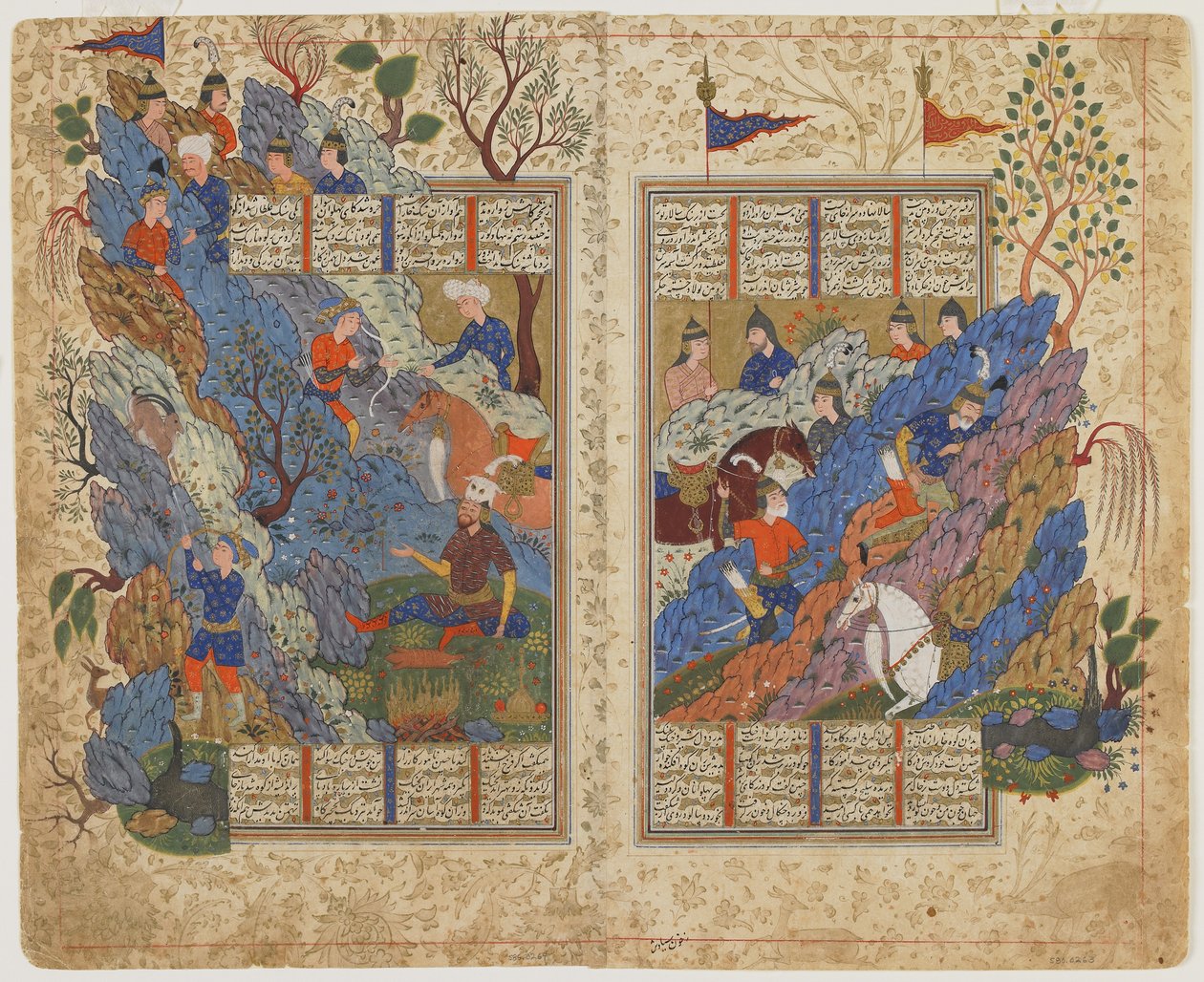 Rustam potkaisee takaisin kiven, jonka Bahman vieritti hänelle Shahnamasta (Kuninkaiden kirja), n. 1590-1600 (muste, läpinäkymätön akvarelli ja kulta paperilla) tekijältä Persian School