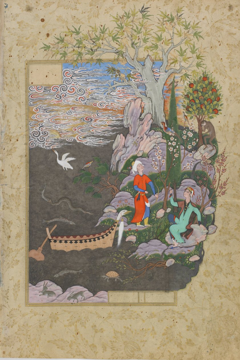 Salaman ja Absal lepäävät onnellinen saarella, folio Jamin (k.1492) Haft awrangista (Seitsemän valtaistuinta), luultavasti Mashad, Khurasan, Iran, Safavid-dynastia, 1556-1565 (muste, läpinäkymätön akvarelli ja kulta p. tekijältä Persian School
