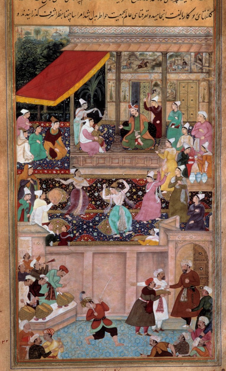 Tansseja, musiikkia, viihdettä sulttaanin hovissa. Persialainen miniatyyri tekijältä Persian School