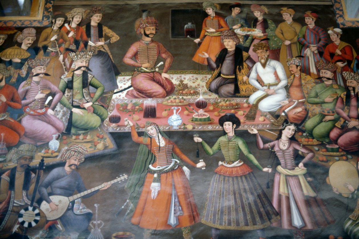 Shah Abbas I Loistava vastaanotto Nadr Vali Muhammad Khan Bukharan Khanatesta, vastaanottosali tekijältä Persian School