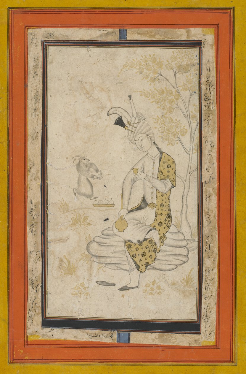 Shah Tahmasp Istuin kalliolla, Safavid-dynastia (mustetta ja kultaa paperilla) tekijältä Persian School