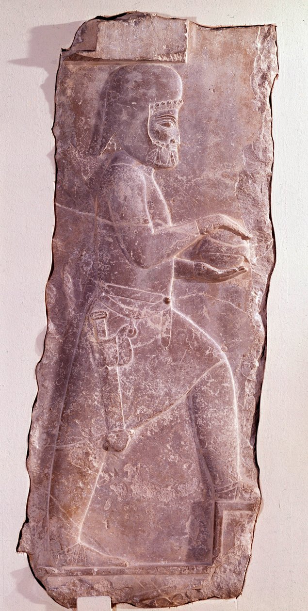Kivireliefi, joka edustaa meedialaista palvelijaa (Iranin kansaa). Rutiinien aika. Matala kohokuvio Persian kuninkaan Dareios I:n (550-486 eKr.) palatsin portaista. Persepolis, Fars Iran. Säilytys Zürichin taidemuseossa tekijältä Persian School