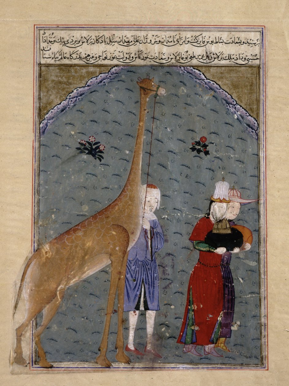 Egyptin sulttaani al-Nasir Faraj ibn Barquqin suurlähettiläät antavat Timurille kunnialahjojaan, mukaan lukien kirahvin, kuva Sharaf al-Din Ali Yazdishirazin Zafarnamasta, 1436 (muste, tekijältä Persian School
