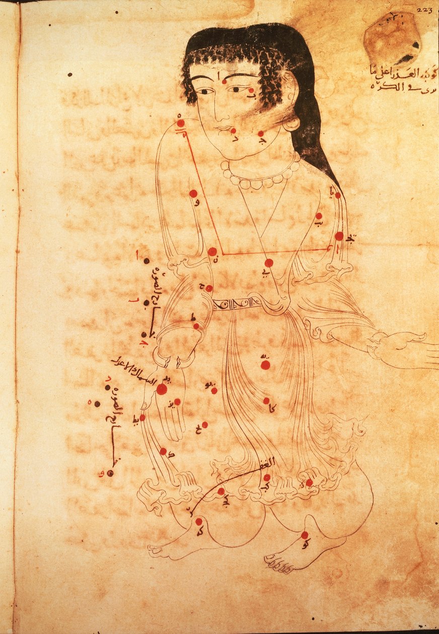 Neitsyen tähdistö, kuvitus Azofin (Abd al-Rahman al-Sufi) kirjasta Kiinteiden tähtien kirja (vellum) tekijältä Persian School