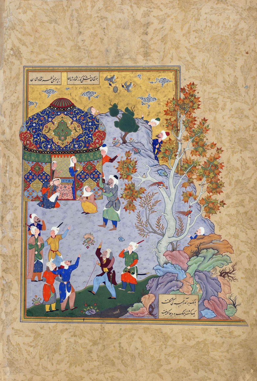 Kilpikonnan lento, folio Haft awrangista (Seitsemän valtaistuinta), Jami (k.1492), luultavasti Mashad, Khurasan, Iran, Safavid-dynastia, 1556-1565 (muste, läpinäkymätön akvarelli ja kulta paperille) tekijältä Persian School