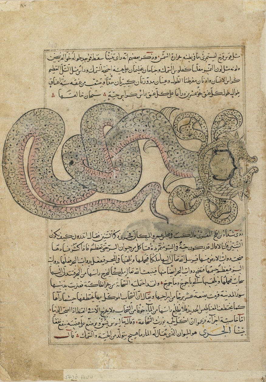 Merikäärmelohikäärme (al-Tannin), folio Ajaib al-makhluqatista (Luomisen ihmeet) al-Qazvinilta, Irakilta tai Itä-Turkilta (läpinäkymätön vesiväri, muste, kulta ja hopea paperilla) tekijältä Persian School