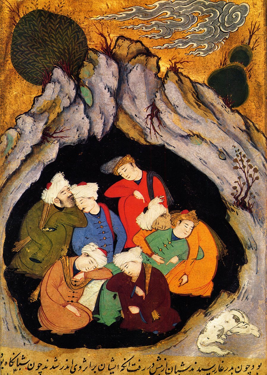 "Efesoksen nukkuva seitsemän" Jacobus (James) de Voraginen (1228-1298) "Kultaisesta legendasta". XVI vuosisadan ksilografia. 1500-luvun persialainen miniatyyri käsikirjoituksesta "Profeettojen historia", noin 1550 tekijältä Persian School