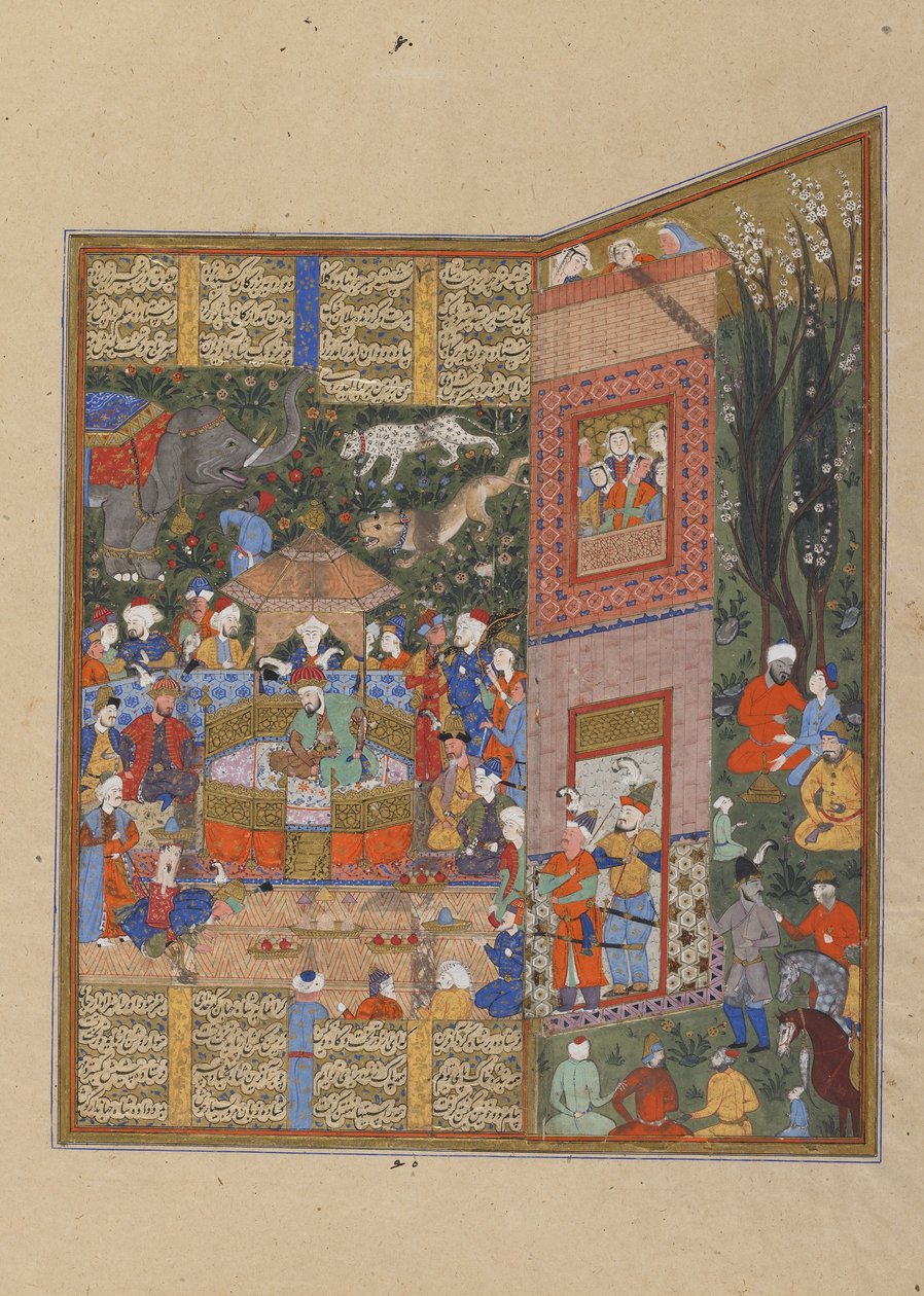 Salmin ja Turin lähettiläitä ennen Faridunia, n. 1560 (läpinäkymätön akvarelli, muste ja kulta paperille) tekijältä Persian School