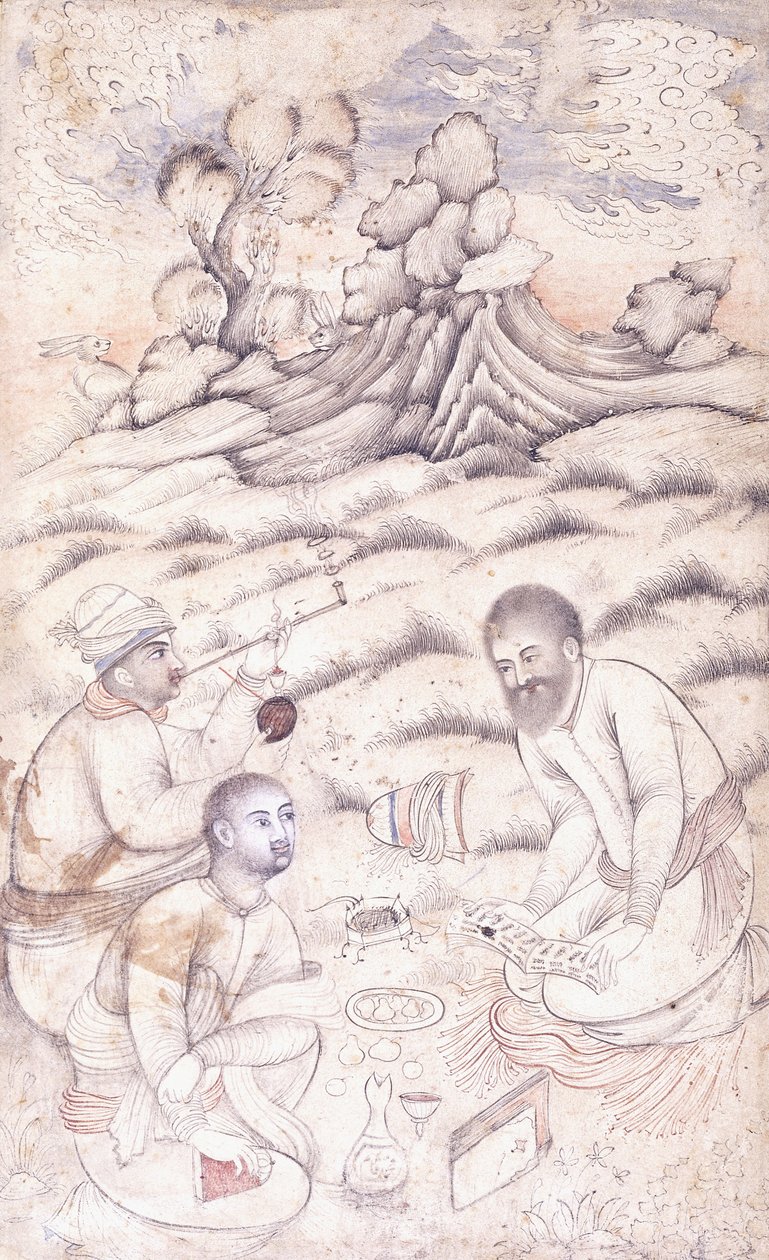 Kolme nuorta miestä maisemassa, n. 1700-luvun puolivälissä tekijältä Persian School