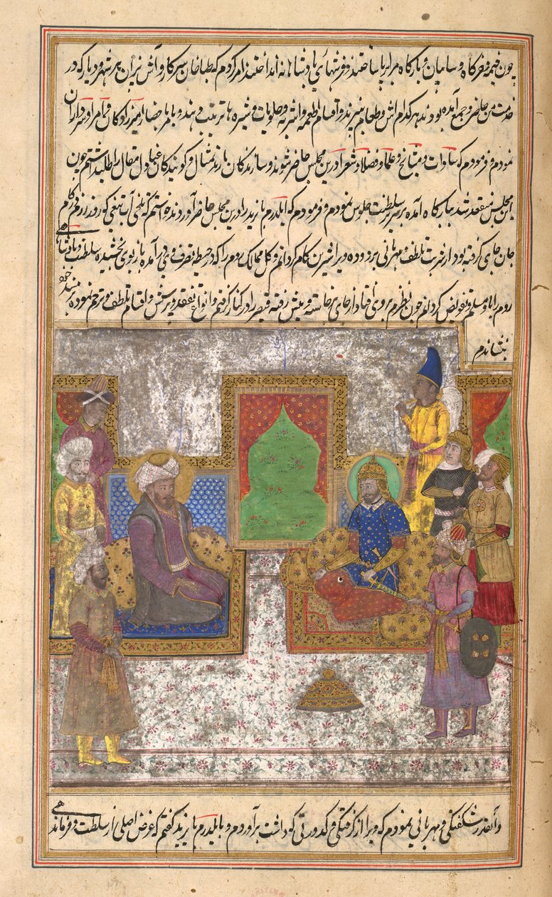 Timur & Sultan Bayazid I (Yilderam) Ankaran taistelun jälkeen (1402) kuva Malfuzat-I Timurista (mustetta ja kultaa paperilla) tekijältä Persian School