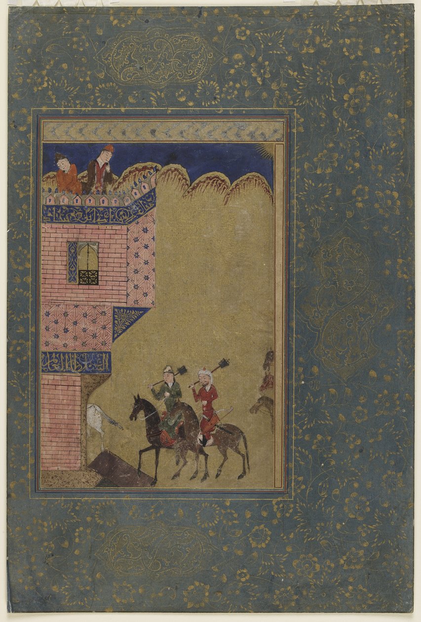Kaksi nukkoja kantavaa ratsastajaa lähestymässä linnaa, n. 1417-1818 tekijältä Persian School