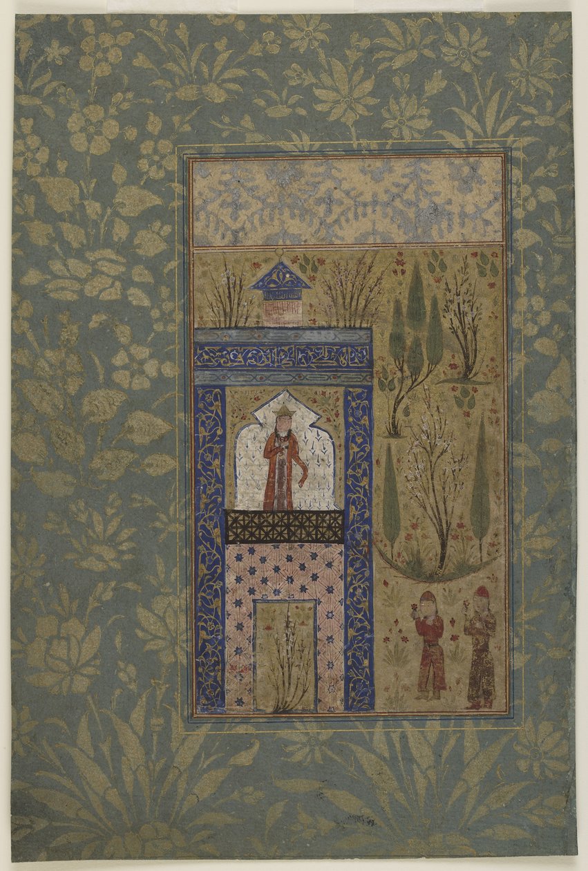 Kaksi nuorta prinsessan edessä ikkunalla, n. 1417-1818 (läpinäkymätön akvarelli ja kulta paperille) tekijältä Persian School