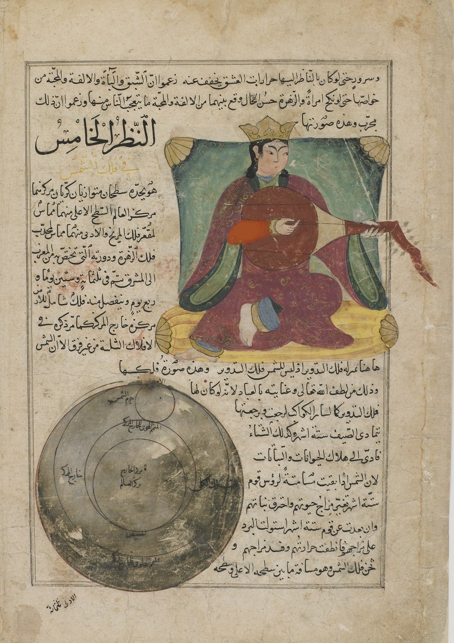 Venus, folio Ajaib al-makhluqatista (Luomisen ihmeet) al-Qazvinilta, Irakista tai Itä-Turkista (läpinäkymätön vesiväri, muste, kulta ja hopea paperilla) tekijältä Persian School