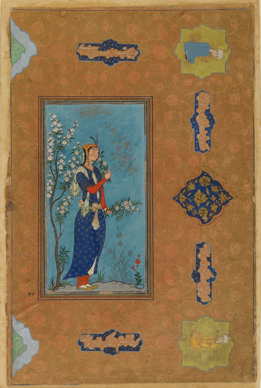 Nainen kukkasuihkeen kanssa, Safavid-kausi, n. 1575 (wc ja kultaa paperilla) tekijältä Persian School