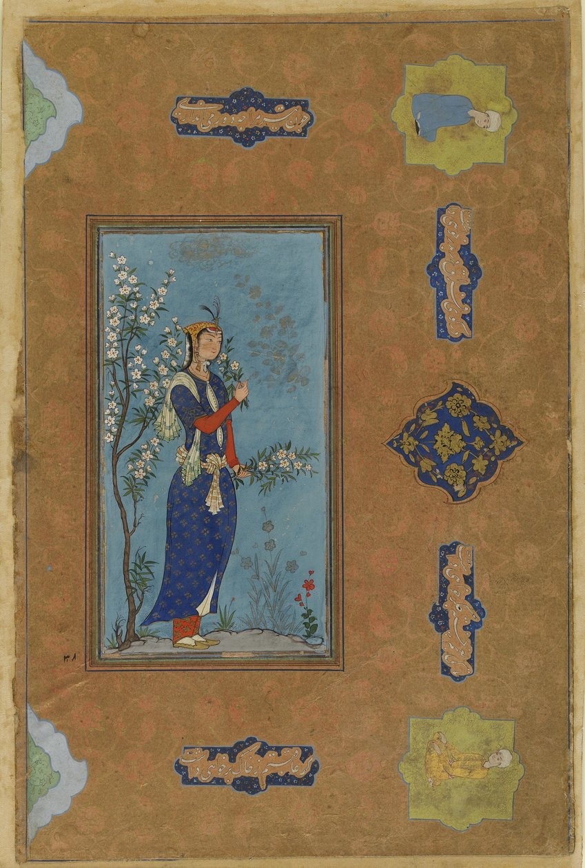 Nainen kukkasuihkeen kanssa, n. 1575 (läpinäkymätön akvarelli ja kulta paperille) tekijältä Persian School