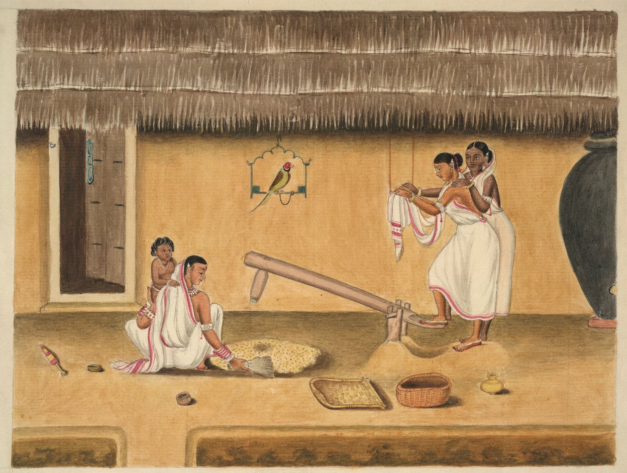 Naisten kuoriva paddy ja dhenki, n. 1840 (akvarelli paperille) tekijältä Persian School