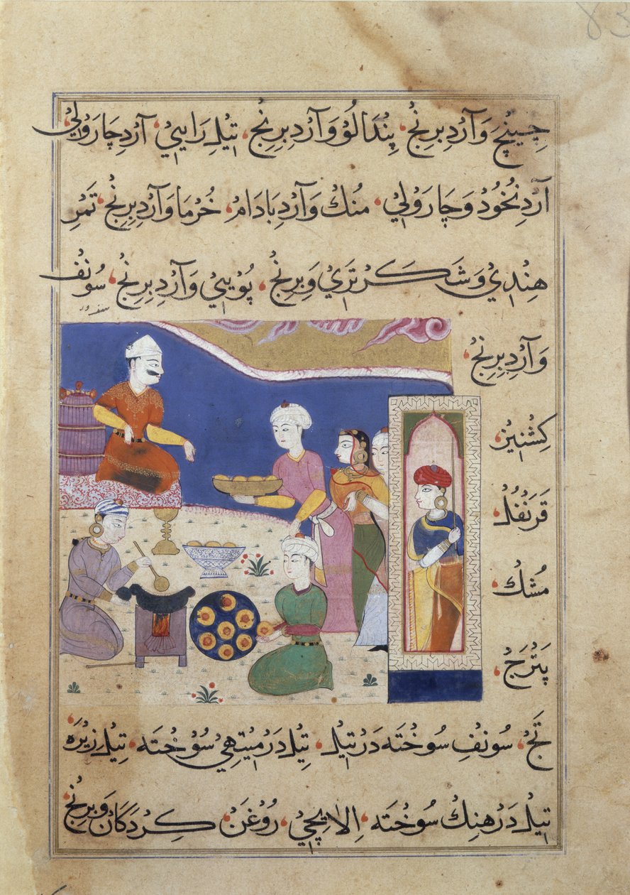 f.83v Makeisten valmistus Mandun sulttaanille intialaista ruokaa käsittelevästä käsikirjoituksesta (vellum) tekijältä Persian School