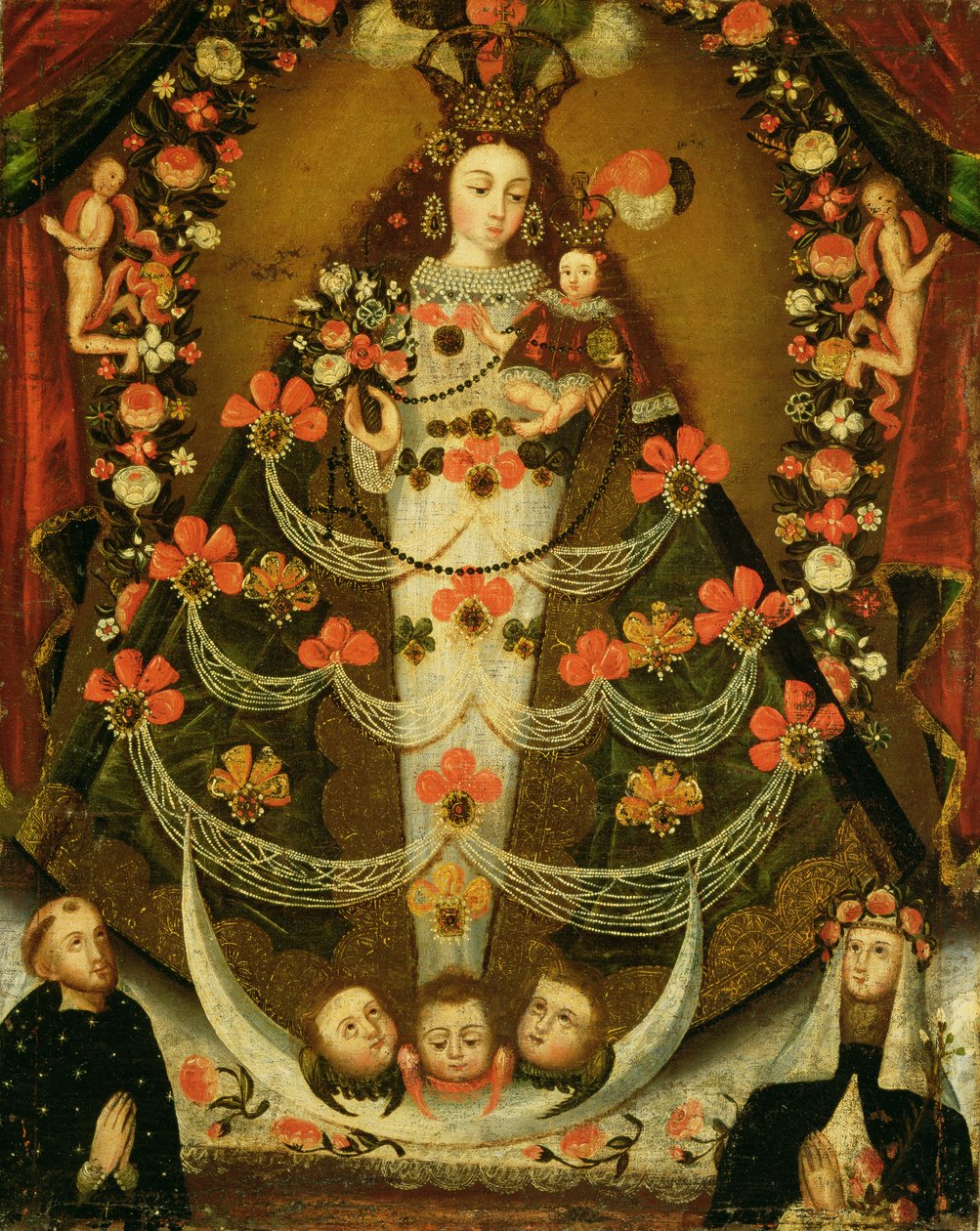 Pomatan neitsyt Pyhän Nikolauksen Tolentinon ja Pyhän Liman Ruusun kanssa (1586-1617) tekijältä Peruvian School