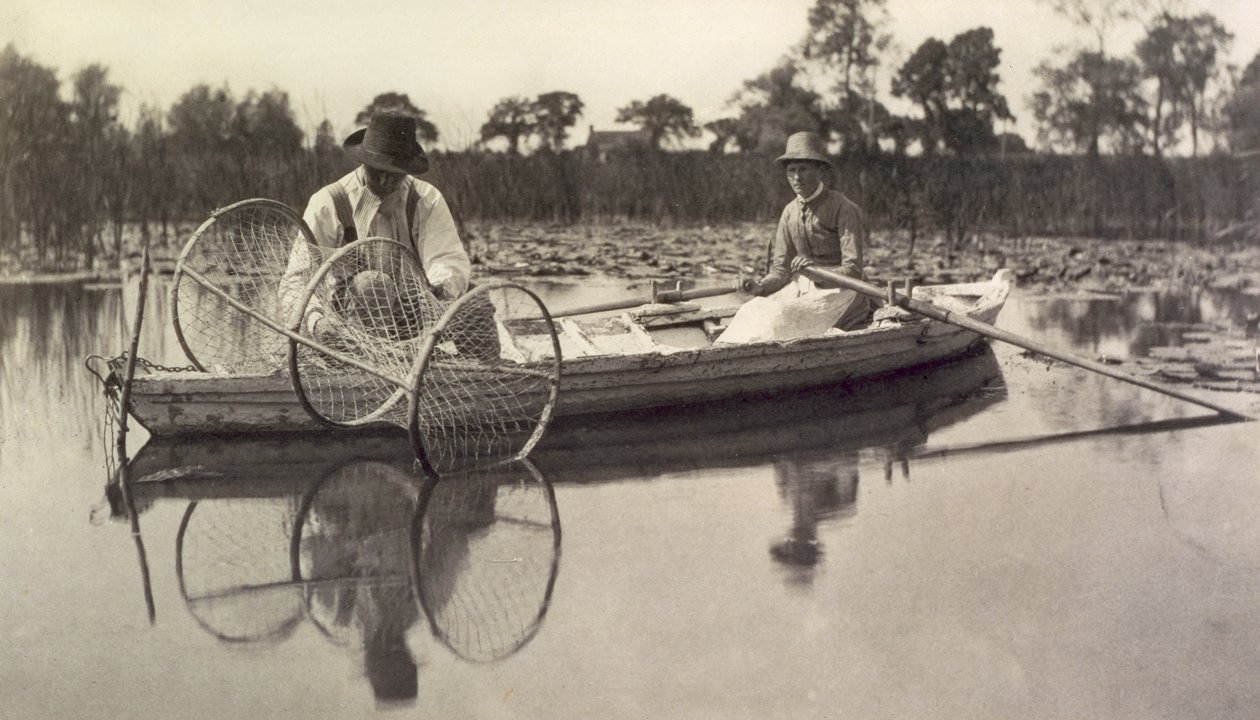 Keulaverkon asettaminen, elämä ja maisema Norfolk Broadsilla; noin 1886 tekijältä Peter Emerson und Thomas Goodall