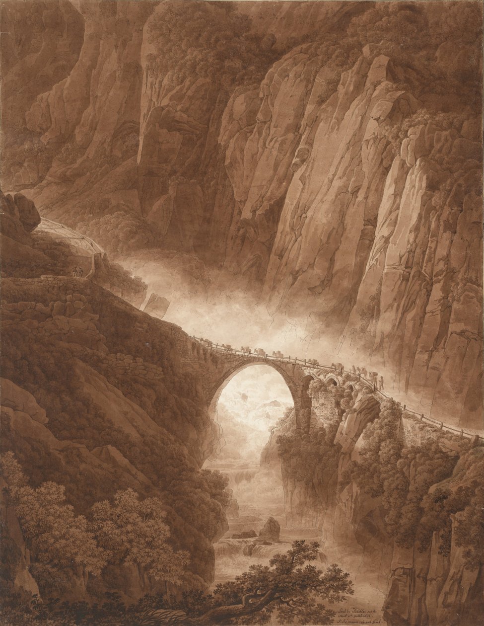 Devils -silta Schöllenenin rotkolla matkalla St.Gotthardin solan yli muulajunalla, ennen vuotta 1805 tekijältä Peter Birmann