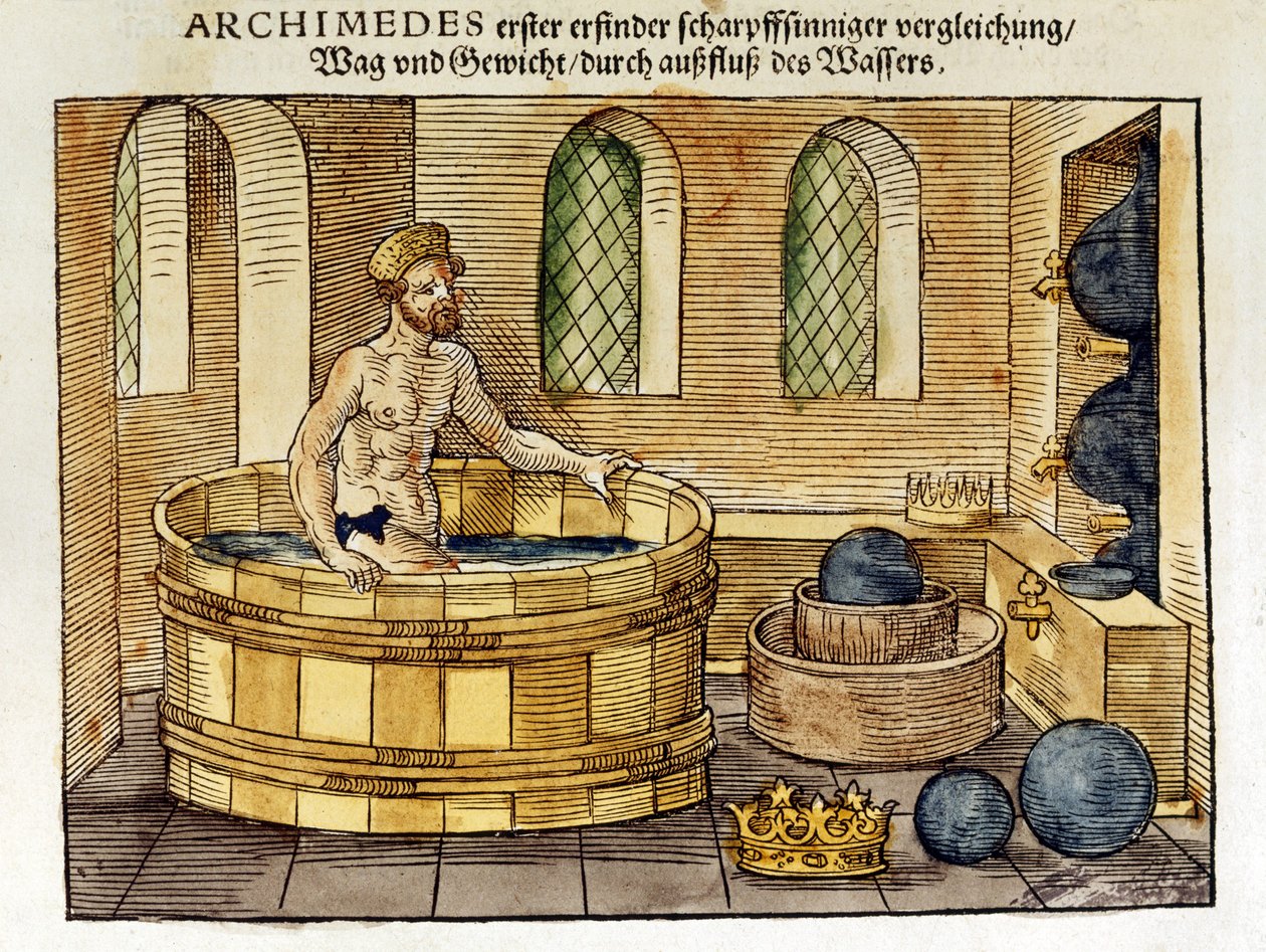 Arkhimedes (n. 287-212 eKr.) Kreikkalainen matemaatikko ja keksijä kylpylässä, 1547 (käsinvärinen puupiirros) tekijältä Peter Flötner