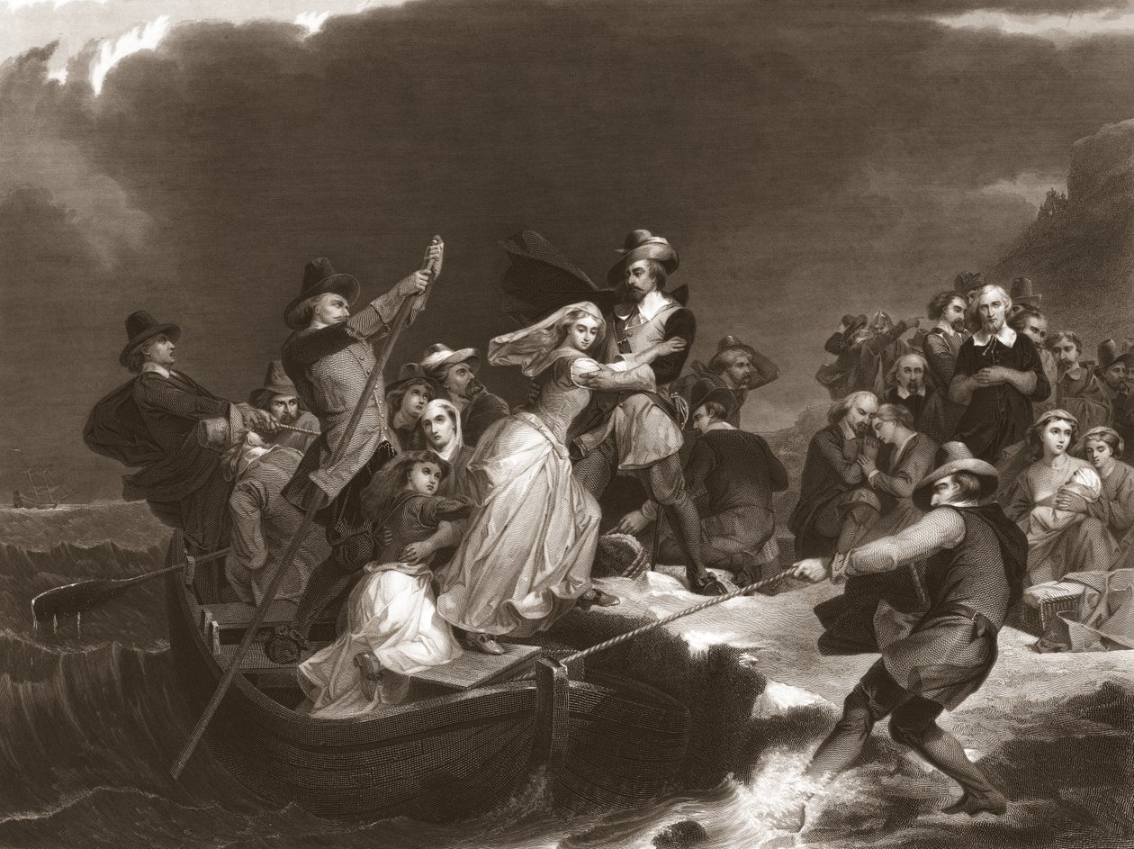 Pyhiinvaeltajat laskeutuvat Plymouth Rockiin vuonna 1620, pub.1869 tekijältä Peter Frederick Rothermel