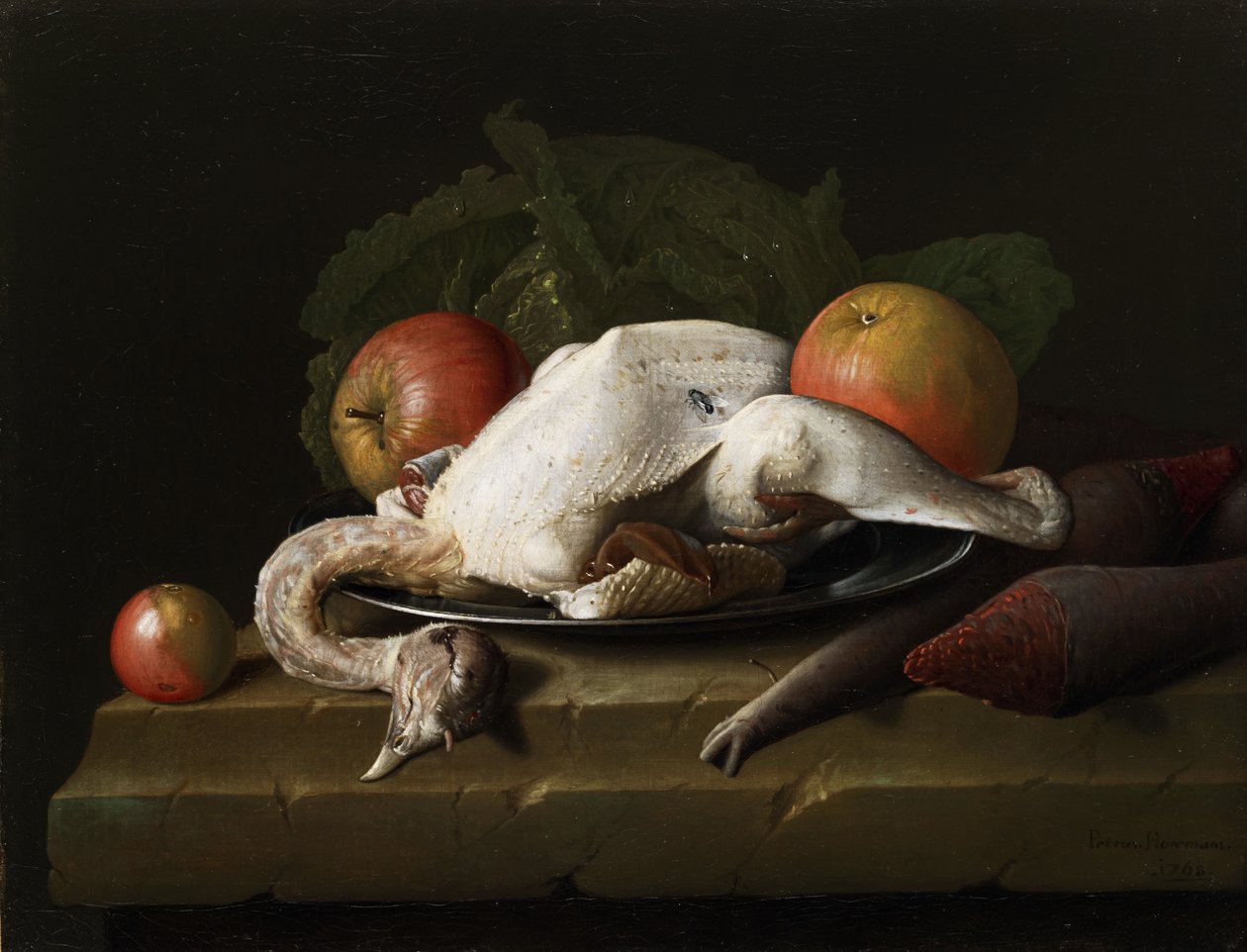 Stillleben mit gerupftem Huhn, Äpfeln und Rüben tekijältä Peter Jacob Horemans