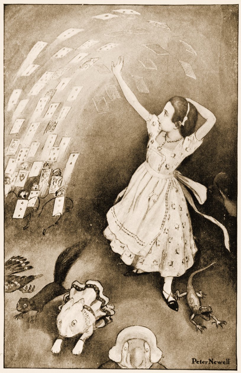 "Tässä koko lauma nousi ilmaan", kuvitus Lewis Carrollin Liisa Ihmemaassa, 1901 tekijältä Peter Newell