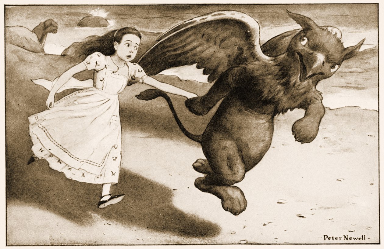 ""Tule!" huusi Gryphon", kuvitus Lewis Carrollin Liisa seikkailuihin ihmemaassa, 1901 tekijältä Peter Newell