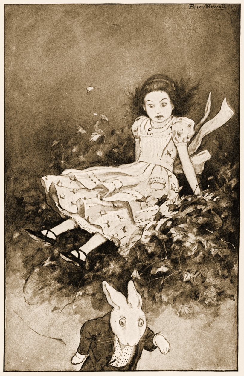 Alhaalla hän törmäsi kasaan kuivia lehtiä, kuvitus Lewis Carrollin Alices Adventures in Wonderland, 1901. tekijältä Peter Newell