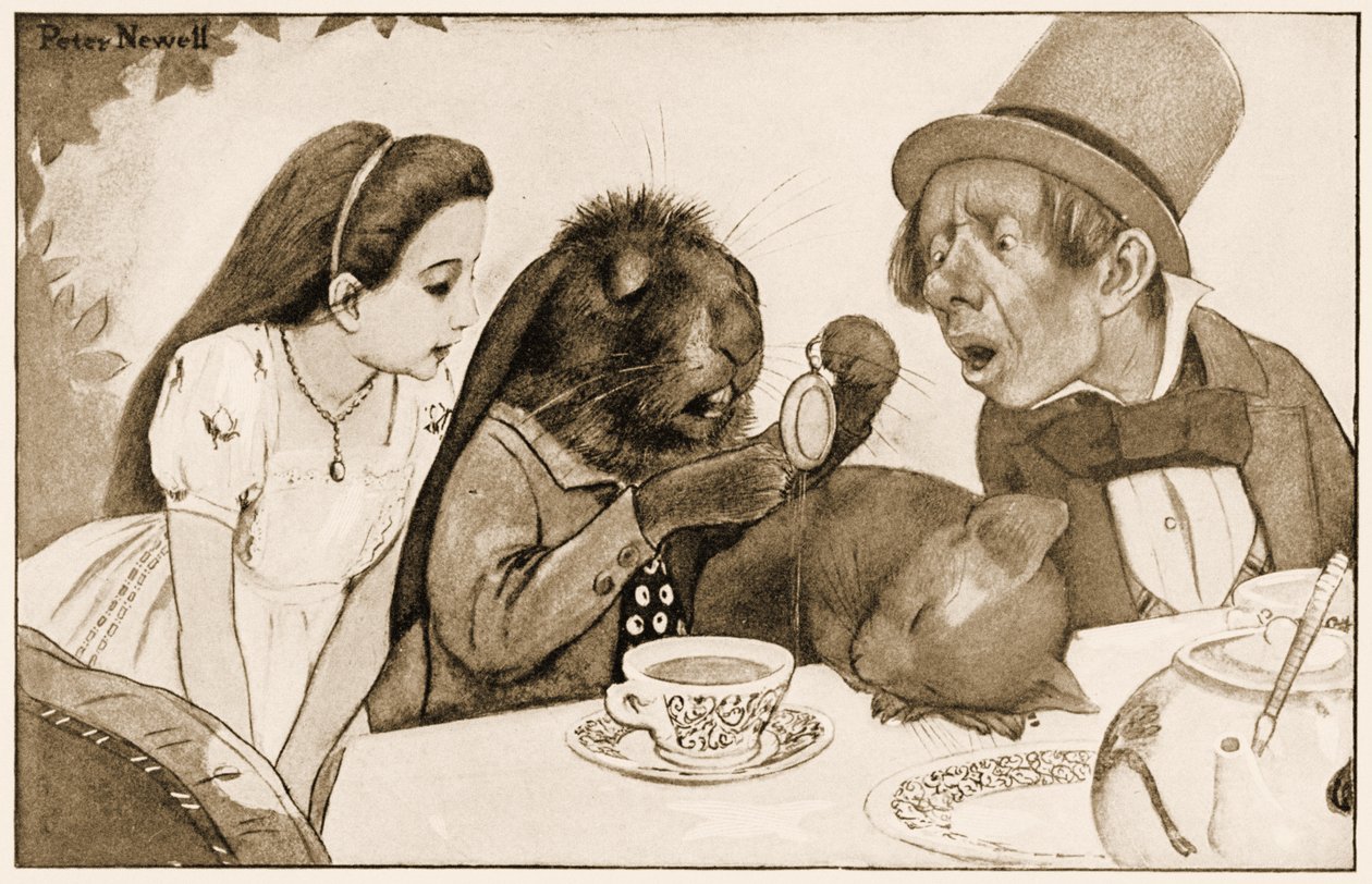 "Hän kastoi sen teekuppiinsa ja katsoi sitä uudelleen", kuvitus Lewis Carrollin Liisa seikkailut ihmemaassa, 1901 tekijältä Peter Newell