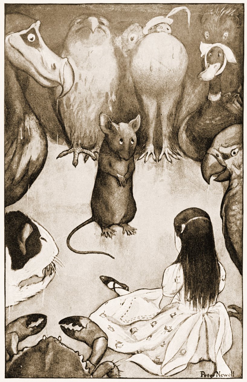 ""Minun on pitkä ja surullinen tarina", sanoi Hiiri", kuvitus Lewis Carrollin Liisa seikkailuista ihmemaassa, 1901 tekijältä Peter Newell
